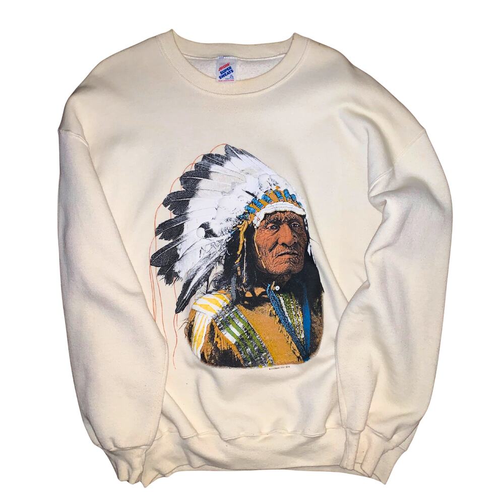 Vintage 90s Native American Graphic Sweatshirt Beige XL | Jerzees Super Sweats
